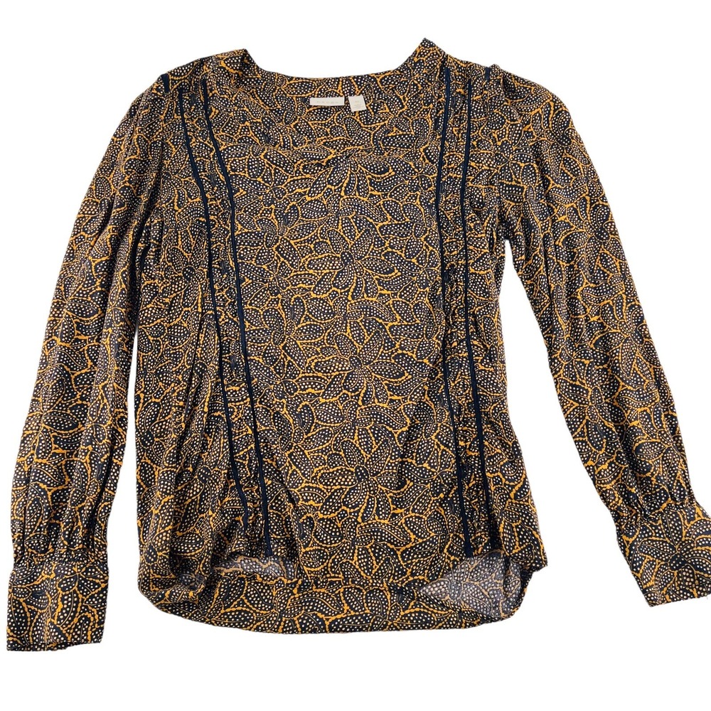 Hinge Women's Blouse size XS Black Yellow Long Sleeve Viscose Pullover Career